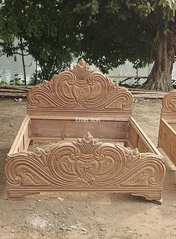 Solid teak wood carved bed frame